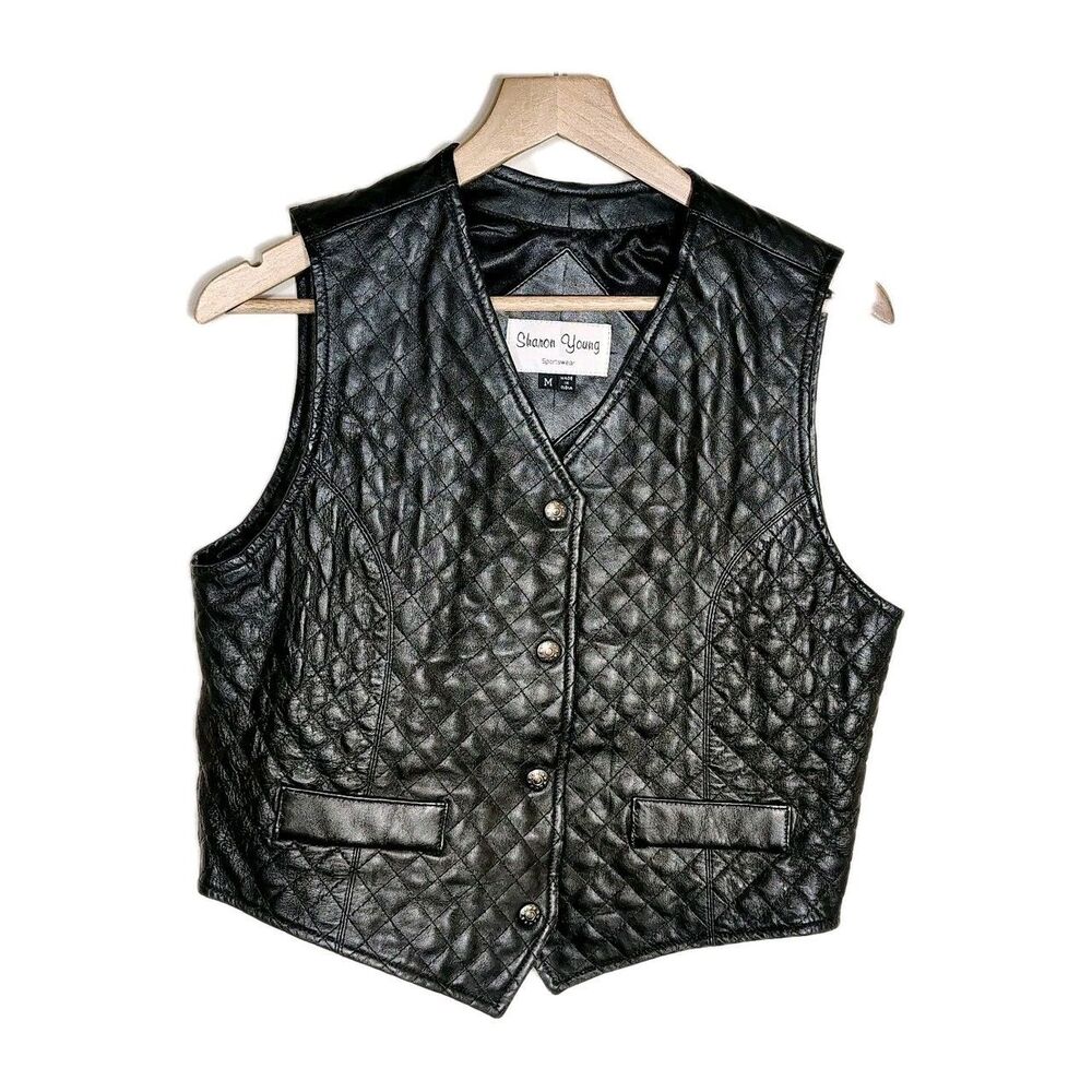 Vtg 90s Womens Quilted Leather Moto Vest SIZE M Minimalist Classic Black